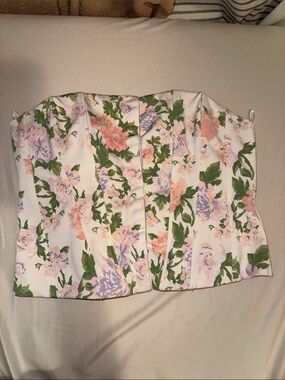 Zara White Floral Bustier Top with Green Leaves and Pastel Blooms